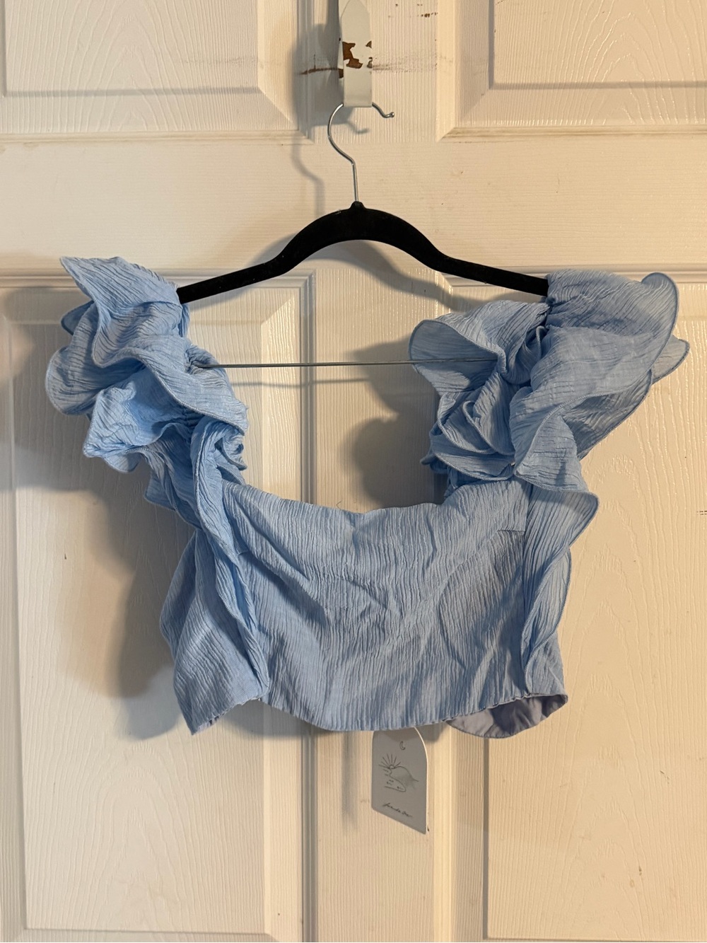 Textured Puff-Sleeve Light Blue Crop Top